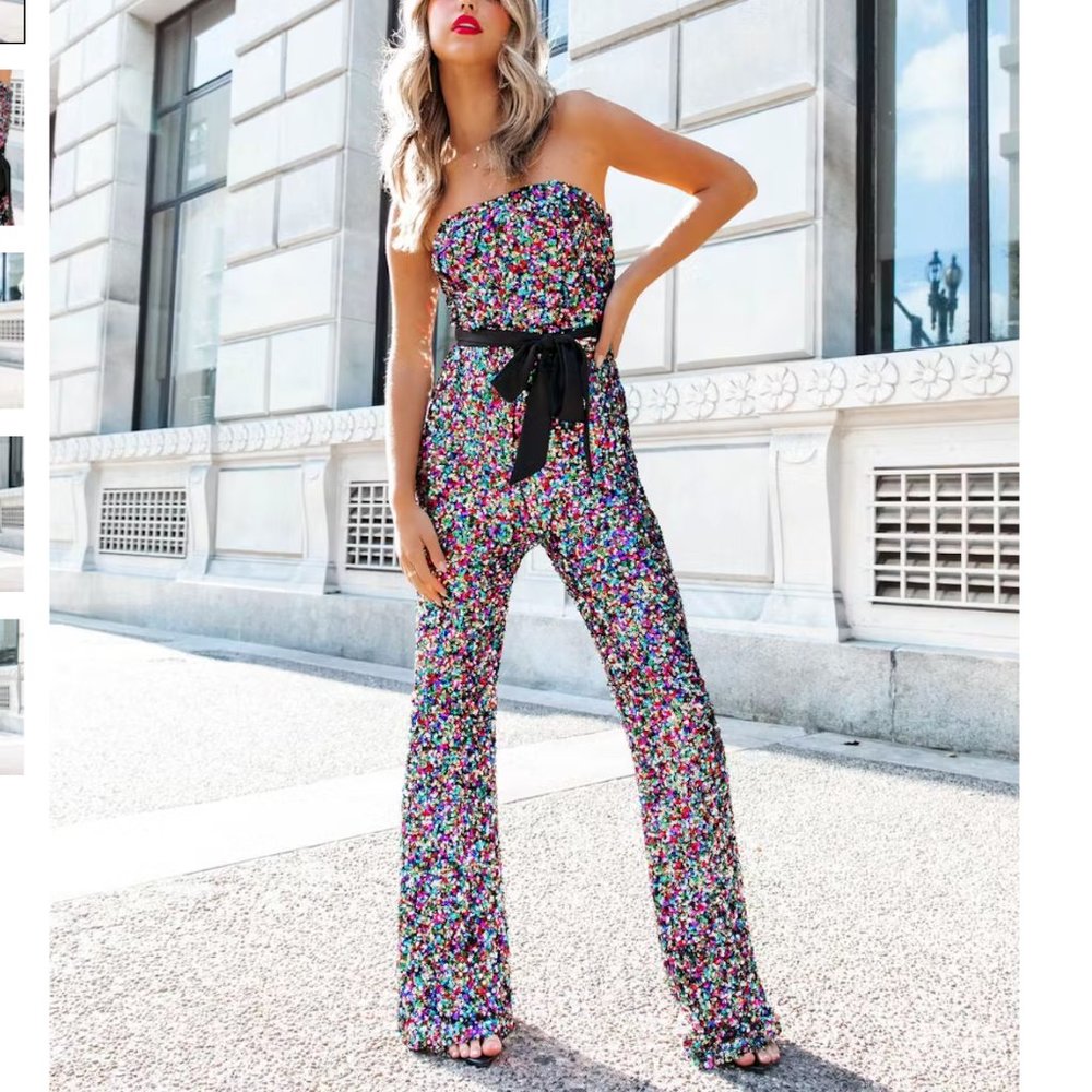 Strapless Multi-Color Sequin Jumpsuit with Black Sash